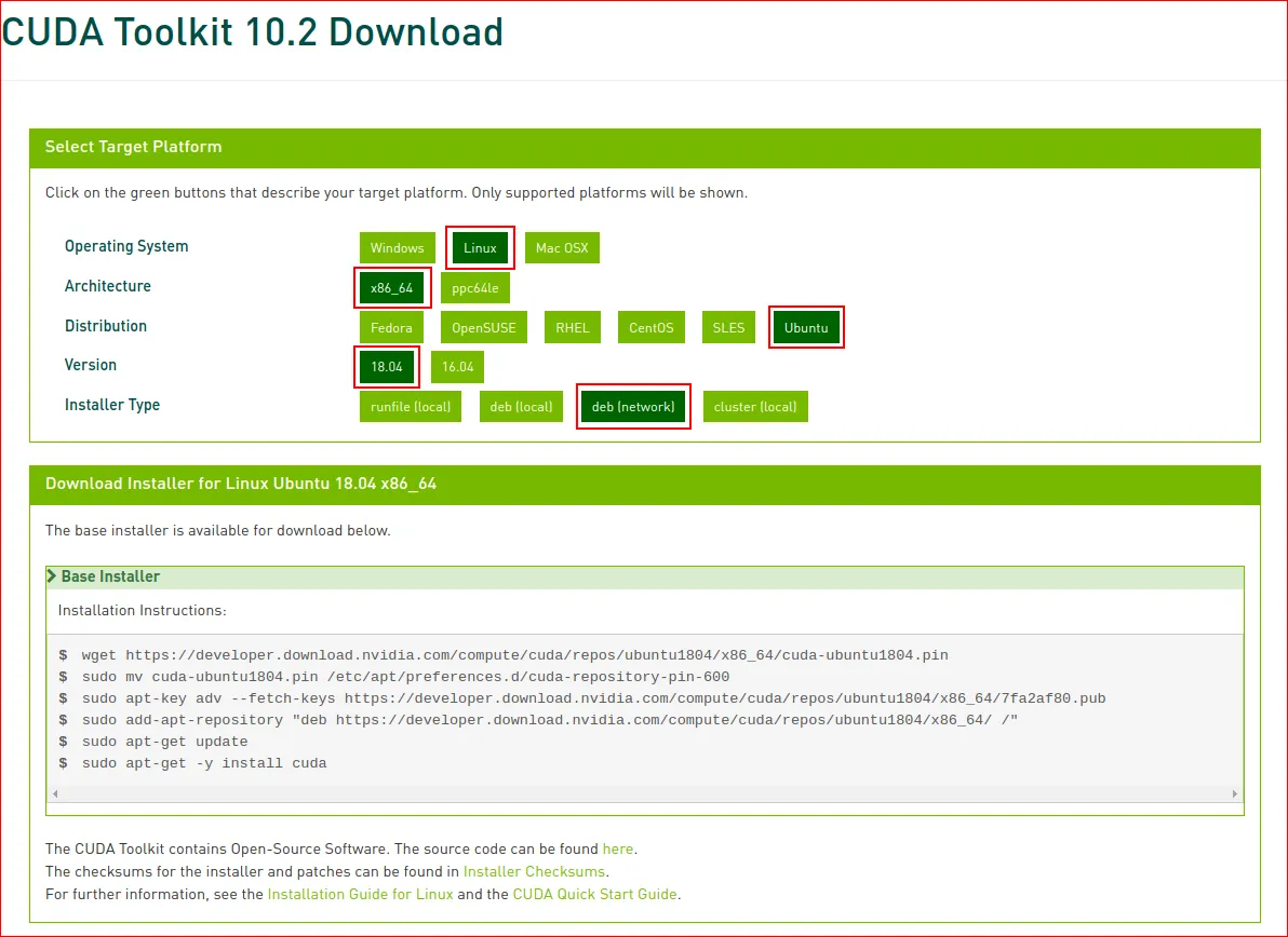 Choosing CUDA 10.2 installer