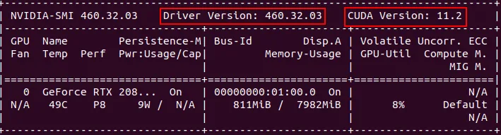 nvidia-smi output showing driver version and CUDA version